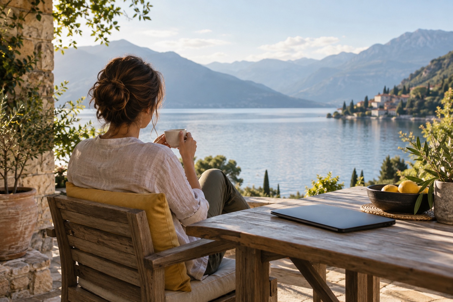 Eine entspannte Kaffeepause auf einer sonnigen Terrasse am See