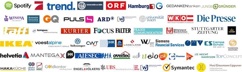 Referenzen aus Medien und Unternehmen, darunter Spotify, ORF, ARD, IKEA, Volkswagen, Siemens Financial Services, OMV, UBS und weitere